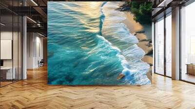 The green sea water is connected to the golden sandy beach, and the waves gently beat the shore, forming a natural and beautiful scene, showing a tranquil and harmonious coastal scenery. Wall mural