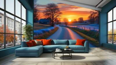 The peaceful rural road at sunset, with orange and blue scenery intertwined along the way, showing beautiful natural scenery and tranquil atmosphere. Wall mural