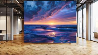 The sea and waves under the sunset intersect, showing a charming blue-purple tone, full of romance and tranquility. Wall mural