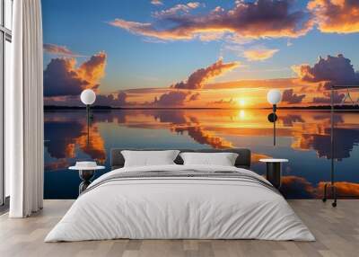 The setting sun shines on the calm lake, and there are several clouds floating in the sky. The scenery is peaceful and beautiful. Wall mural