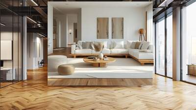 The spacious and bright modern living room, white walls combined with wooden floors, simple furniture and art decorations create a warm and comfortable atmosphere. Wall mural