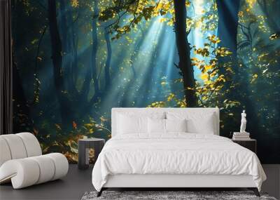 The sun in the dense forest shines through the mysterious light of the leaves, creating a dreamy natural scenery, as if you are in a fairy tale world. Wall mural