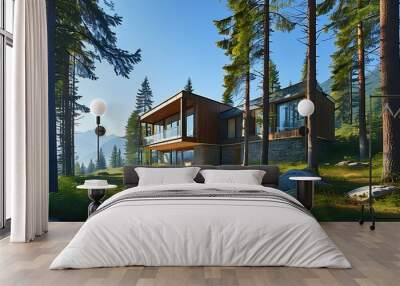 The tranquil mountain villa, surrounded by tall trees and the morning blue sky, shows the beautiful scene of harmonious coexistence of nature and people's livelihood. Wall mural