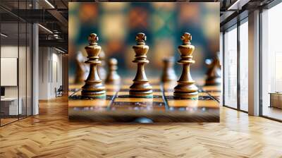 The two players played against an exquisite chess board. The design of the pieces and the board was simple and unique, and the background was blurred to allow people to focus more on the game. Wall mural