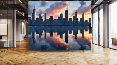 The urban buildings and faint waves set off by the skyline show the charming urban scenery and the tranquil lake. The clouds float in the sky, bringing a hazy beauty. Wall mural