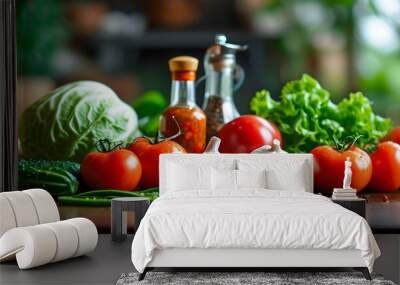 There are some ingredients on the table, including fresh vegetables and seasonings, reflecting the atmosphere of preparation for cooking, with the background blurred to highlight the main ingredients. Wall mural