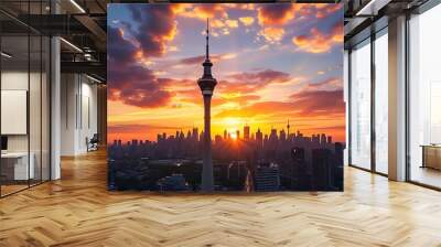 Tower and Skyline at Sunset Wall mural