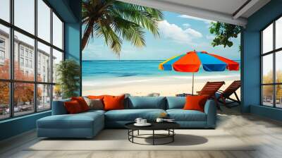 Tropical beach vacation scene, the charm of sun chairs and colorful striped umbrellas in summer Wall mural