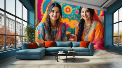 Two women in traditional costumes sat in front of a gorgeous background to showcase the cultural atmosphere and festive scenes. Wall mural