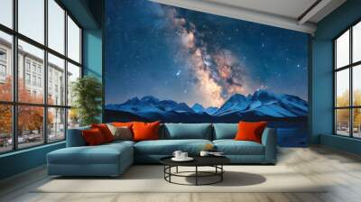 Under the vast starry sky, the bright Milky Way spans the sky, and the outline of distant mountains is looming, showing the peaceful and mysterious beauty of nature. Wall mural