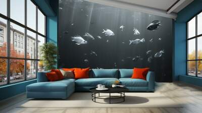 Underwater world revealed in black and white, elegant fish swimming captured Wall mural