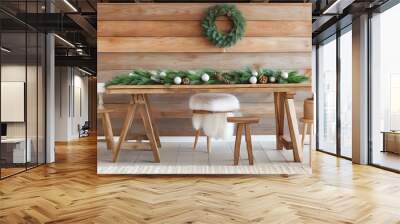 Vintage wood table and festive decorations in a cozy home scene Wall mural