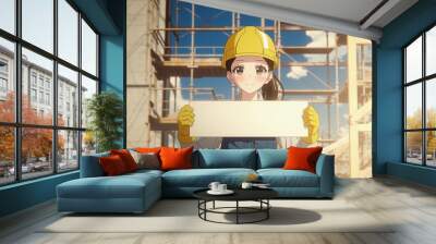 ホワイトボードを掲げている女性建設作業員42 Wall mural