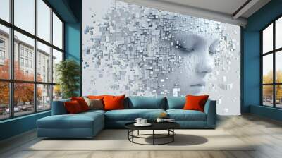 A humanoid face made of small square pixels Wall mural