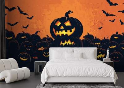 Many pumpkin lanterns stacked cartoon halloween party event illustration Wall mural