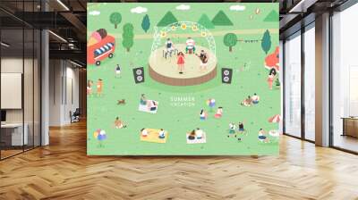 outdoor music festival concept illustration. People have picnic in park. People sits on green grass, eats on picnic, spend summer weekend outdoors.
 Wall mural