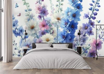 흰 배경, 델피니움, 수채화 (White background, Delphinium, water colour) Wall mural