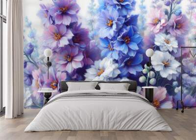 흰 배경, 델피니움, 파스텔화 (White background, Delphinium, pastel painting) Wall mural