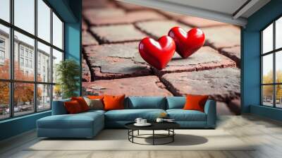 Two little red heart on a brick background, Valentine's Day, Christmas. Generative AI Wall mural