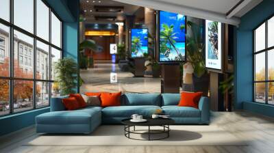 Digital Mosaic: Varied Signage Displays in a Hotel Lobby Wall mural