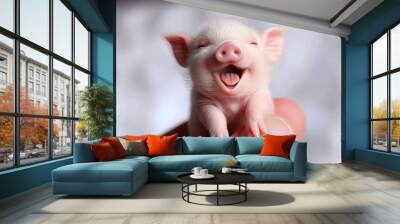 Tiny Delight: Laughing Baby Piggy on a Finger Wall mural