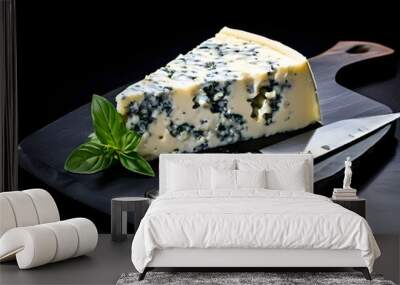 Blue cheese and knife on black slate cheese board: top view photo of Lockefort type generative ai Wall mural