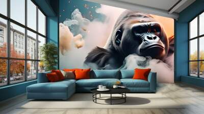 Gorilla with a creative animal concept. A figure surrounded by whirlwind smoke. Expressed in dynamic composition and dramatic lighting. Suitable for surrealist advertising generative ai Wall mural