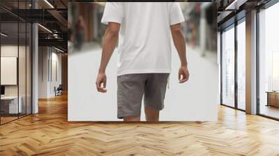 a medium shot of Indonesain male back angle wearing white running short sleeve and short pants running, on the street, background, looking up over the shoulder expression, ai generative Wall mural