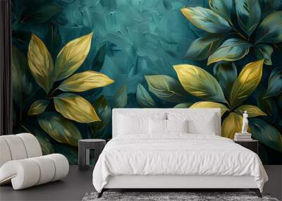 Greenery, cartoon style, oil stick painting, only green and gold. Graphic design style. --ar 3:2 --stylize 750 Wall mural