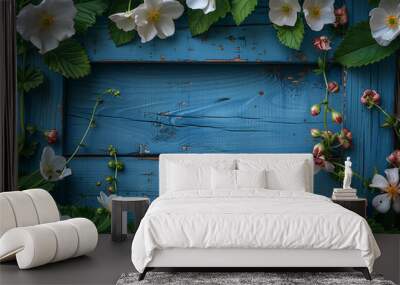 Spring floral background. Green frame of white forest flowers primrose in nature and wooden blue boards. Texture of fresh forest greenery in morning outdoors with copy space. --ar 3:2 --stylize 750
 Wall mural