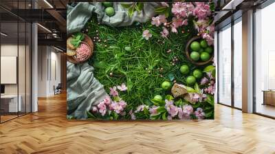 There is a picnic cloth on the grass, with green balls and various snacks, spring scenery, pink cherry blossoms, bird's eye view, simple background, macro photography, high-definition details, 8k --ar Wall mural