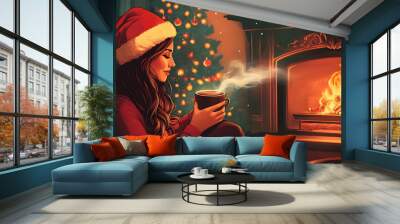 A warm, nostalgic illustration of a woman wearing a Santa Claus hat, holding a steaming cup of coffee by a crackling fireplace Wall mural