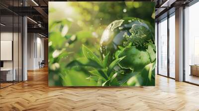 New year green glass globe sphere earth ball europe and asia world with green leaves and morning sunlight in forest - sustainable environment and ecology earthball Wall mural