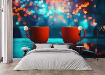 Two orange mugs on a table with a smartphone, surrounded by flowing neon lines that connect into the cityscape in the background, representing the seamless integration of daily life and technology Wall mural