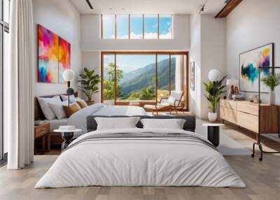 interior of bedroom with bed, white-toned house
 Wall mural