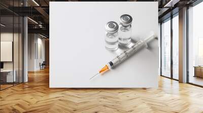 Two empty vials lying on a white background, with an empty syringe lying next to them Wall mural