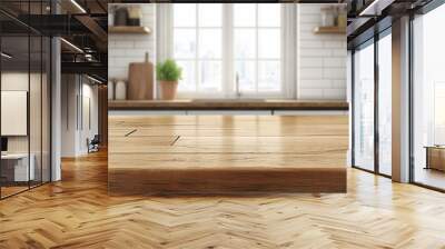 A beautiful, empty wooden tabletop counter in a clean and bright kitchen background, ready for a product display mockup Wall mural