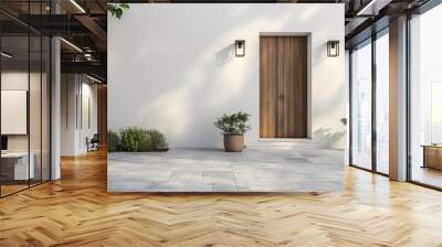 A modern front door with wall sconces and potted plants on the side, set against a white background. The entrance is framed by two square planters that add to its minimalist design Wall mural