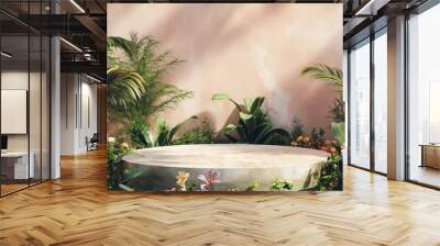 a photorealistic scene of an outdoor garden with lush greenery, wildflowers and palm trees surroundi Wall mural