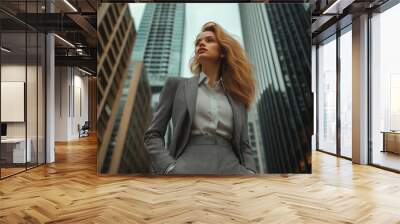 A picture of the upper body of a beautiful business woman standing in a suit, the city background of a high-rise building Wall mural