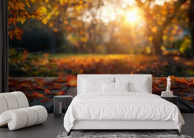 a wooden table underneath, the top and sides are maple autumn leaves, the background is fall grass Wall mural