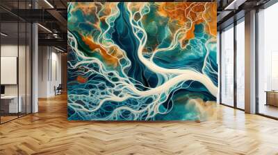 An aerial view of water flowing through an abstract river, top down view, birds eye view, turquoise and blue colors, native art style painting Wall mural