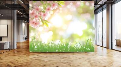 Beautiful blurred spring background with sun and flowers, blurred green grass in the foreground, blurred pink cherry blossoms on top, bright sunny sky Wall mural