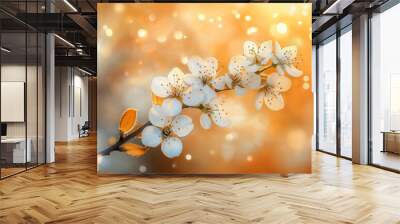 Beautiful spring background with blooming cherry blossom flowers and sun rays. Soft focus, blurred background Wall mural