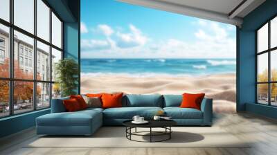 Beautiful summer background with a sandy beach and blue sky. Blurred empty space for product display, banner or design element. Summer vacation concept Wall mural