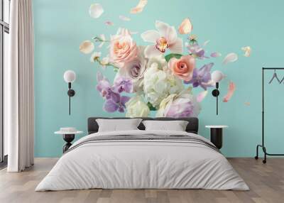 Floating bouquet of pastel pink, white and lavender roses, orchids and peonies on a mint green background, petals flying in the air Wall mural