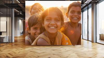 Group of happy young Indian children in the desert, cinematic photo, beautiful light on faces Wall mural