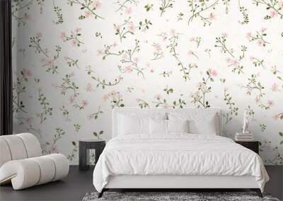 Light pink small flowers and gray leaves on cream background, simple flat pattern Wall mural