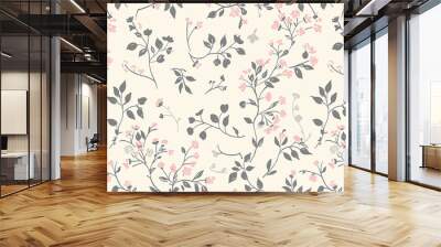 Light pink small flowers and gray leaves on cream background, simple flat pattern Wall mural