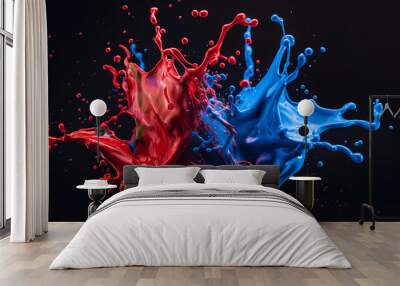 Red and blue paint colliding and flying in the air, The paint is completely floating in the air, 100% black studio background Wall mural